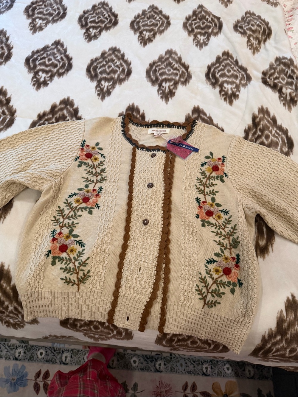 April Cornell Cream Embroidered Floral Button Cardigan with Brown Trim